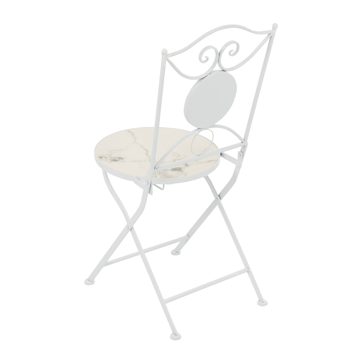 VESTIAMO CASA GIARDINO - Set giardino Bistrot tavolo rotondo 60 cm e 2 sedie in metallo Bianco e Top in ceramica Effetto Marmo Bianco